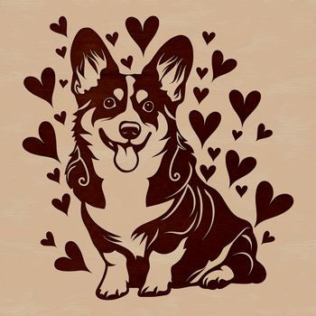 A sitting Welsh Corgi with heart symbols surrounding its body, depicted in a simple vector design.