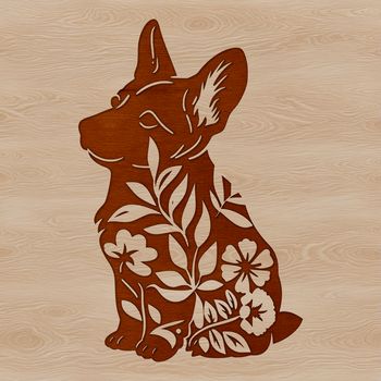 A sitting Welsh Corgi surrounded by floral patterns.