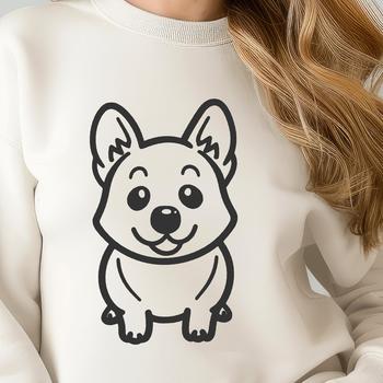 A simple line drawing of a sitting Welsh Corgi dog breed.