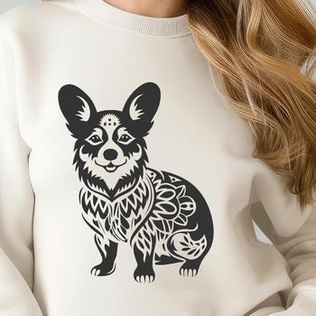 A vector illustration of a Welsh Corgi sitting in a decorative setting.