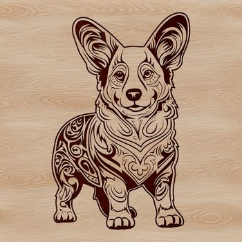 A illustration of a Welsh Corgi standing on its hind legs with an ornate background.