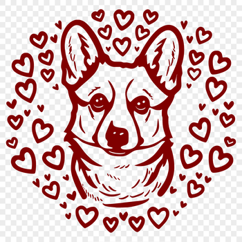 A vector illustration of a Welsh Corgi's head with love hearts surrounding it.