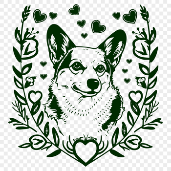A cute Welsh Corgi with ornate floral decorations and love hearts surrounding its head.