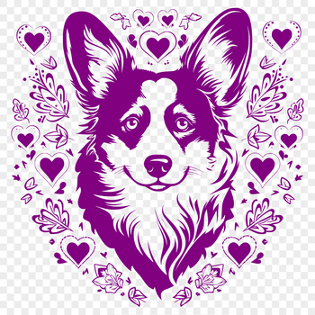 A cartoon illustration of a Welsh Corgi's head featuring ornate floral designs with love hearts.