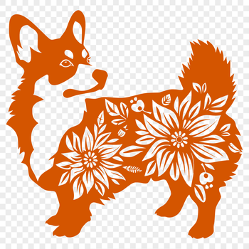 A close-up illustration of a standing Welsh Corgi dog in a floral setting.
