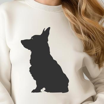 A full-body illustration of a seated Welsh Corgi breed dog with a simple silhouette design.