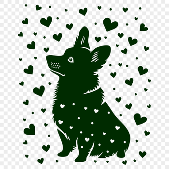 A full-body illustration of a happy Welsh Corgi sitting down, surrounded by loving hearts.