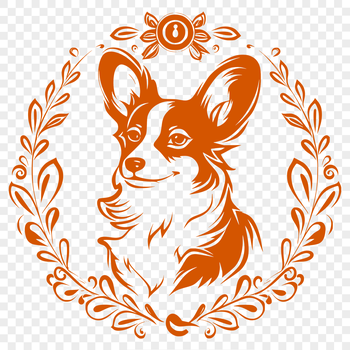 A detailed illustration of a Welsh Corgi's head with ornate features.