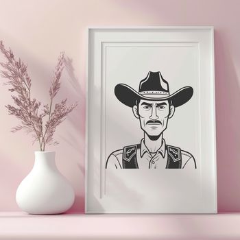 A simple line art illustration of a cowboy in Western attire.