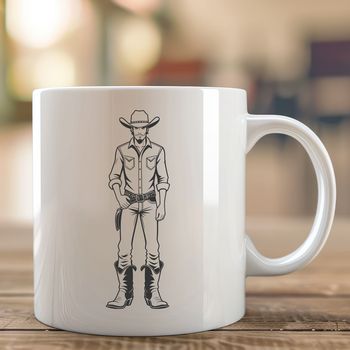 A stylized illustration of a cowboy in a western setting.
