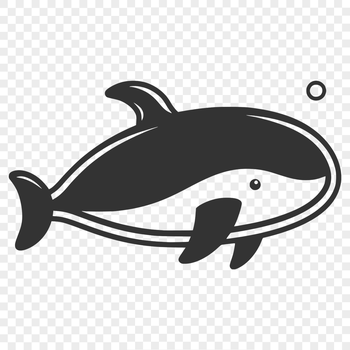 A simple line drawing of a cute whale, shown in full body pose as a sea creature.