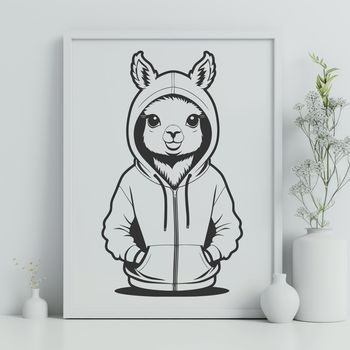 An illustration of a standing Alpaca with a hoody.