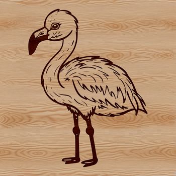 A single flamingo standing in shallow water with its long neck stretched upwards.