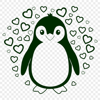 A cartoon penguin with hearts surrounding its body, suitable for vector design projects.