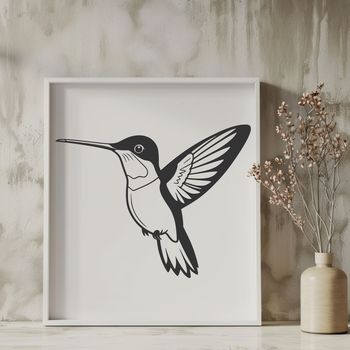A detailed illustration of a hummingbird in flight, featuring intricate feathers and vibrant colors.