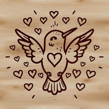 A colorful illustration of a hummingbird in flight, with heart-shaped symbols incorporated into its design.