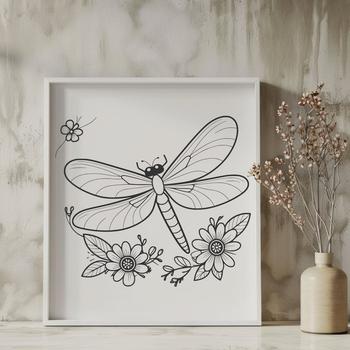 Illustrative dragonfly design featuring detailed floral elements and fine lines.
