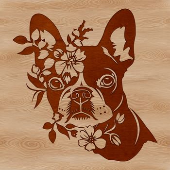 A detailed vector illustration of a Boston Terrier's head with a floral pattern surrounding it.