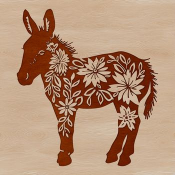 A stylized illustration of a standing donkey surrounded by ornate floral patterns.