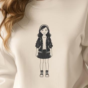 A young girl illustration in simple lines and shapes, suitable for various design applications.