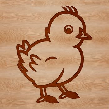A simple line drawing of a chick in a playful pose.