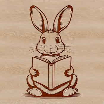 A cartoon rabbit sitting on a stool, holding an open book.