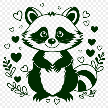 A stylized illustration of a raccoon featuring love hearts in various colors.