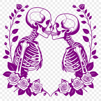 A pair of skeletons holding hands with roses in front of them.