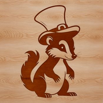 A black and white line drawing of a skunk wearing a hat.