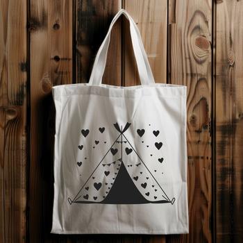 Colorful tent illustration with love hearts and outdoor design elements.