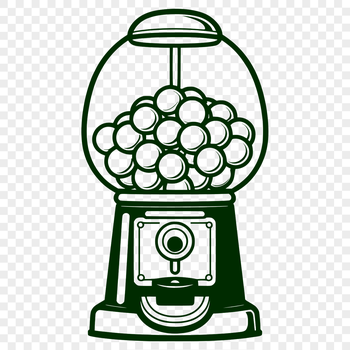 An illustration of a classic gumball machine with colorful buttons and rotating drum.