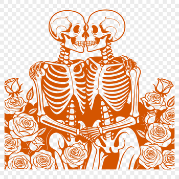 A whimsical illustration of a love-themed skeleton surrounded by floral elements.