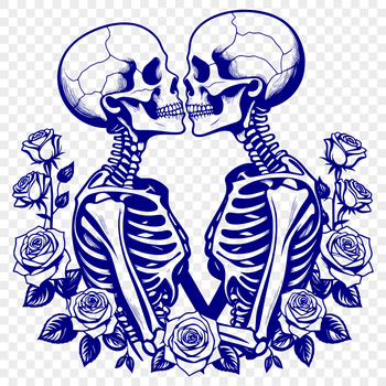 A whimsical illustration of a couple's skeletons surrounded by red roses and floral elements.