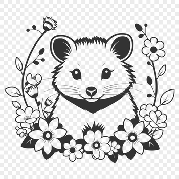 A cute possum illustration with a floral pattern in the background.