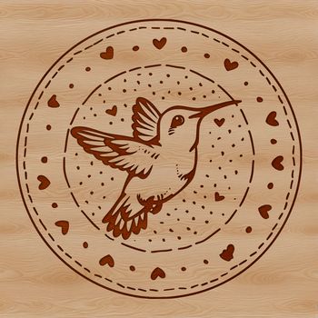 A colorful hummingbird with ornate feathers and love hearts flying in mid-air, depicted as vector art.