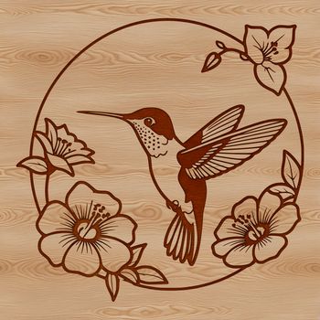 A vector design featuring a detailed hummingbird perched on a branch with intricate flowers.