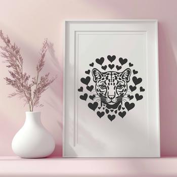 A wild big cat with love hearts, identified as an ocelot, rendered in vector art format.