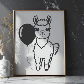 A vector illustration of a friendly alpaca with an inflated balloon tied around its neck.