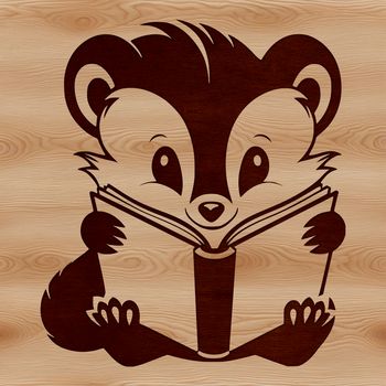 A skunk sitting on its haunches, reading a book with a curious expression.