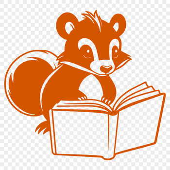 A cartoon skunk character reading a book in a forest setting.
