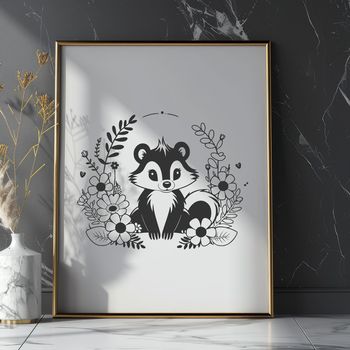 A detailed illustration of a skunk in a floral setting.