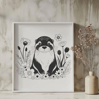 A vector graphic design featuring a playful otter surrounded by foliage.