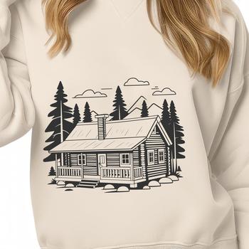 Vector illustration of a cozy cabin in a forest setting.
