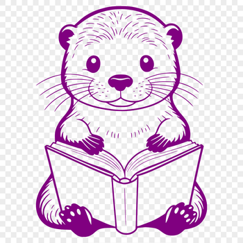 A cartoon otter sitting on a riverbank with a book in its paws, depicted as a digital vector illustration.