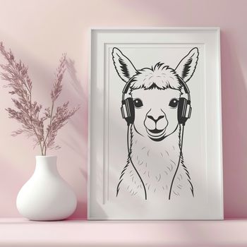 A simple illustration of an alpaca wearing headphones, suitable for digital crafting projects.