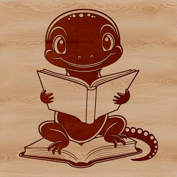 A salamander sits on a rock, holding a book in its front legs.