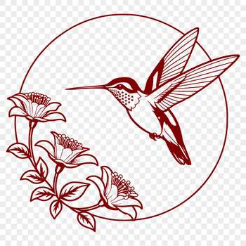 An illustration of a hummingbird in mid-flight amidst vibrant flowers.