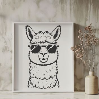 An illustration of a relaxed alpaca wearing trendy sunglasses in a stylized design.