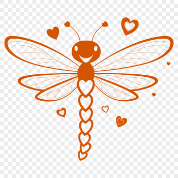 A colorful dragonfly design featuring heart symbols in various stages of flight.