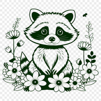 A detailed illustration of a raccoon surrounded by flowers and foliage.